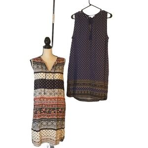 2 relaxed summer sheath dresses with tassels above front Vs. Size Large, boho.